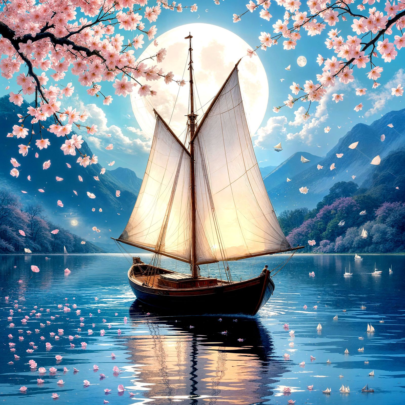 Moonlit Sailboat on Serene Lake in Pre-Raphaelite Style