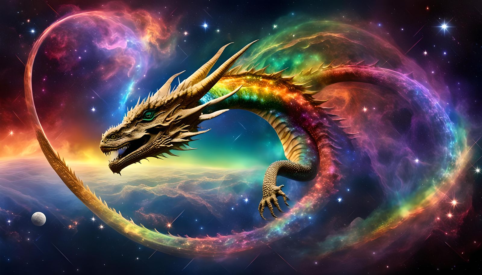Cosmic Rainbow Dragon in Deep Space Nebula