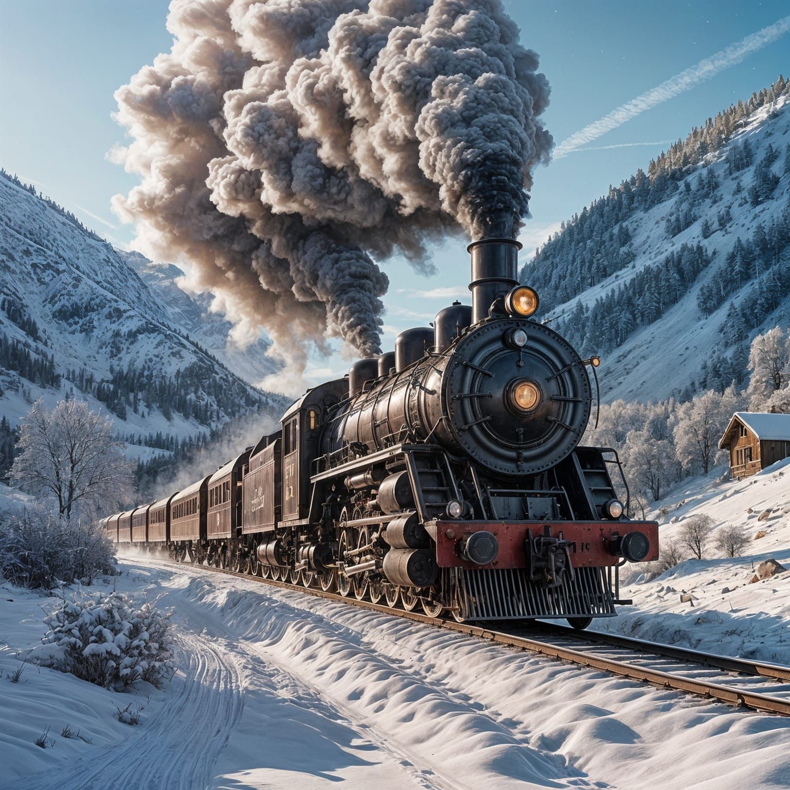 Realistic Steam Train in Snowy Valley with Cinematic Lightin...
