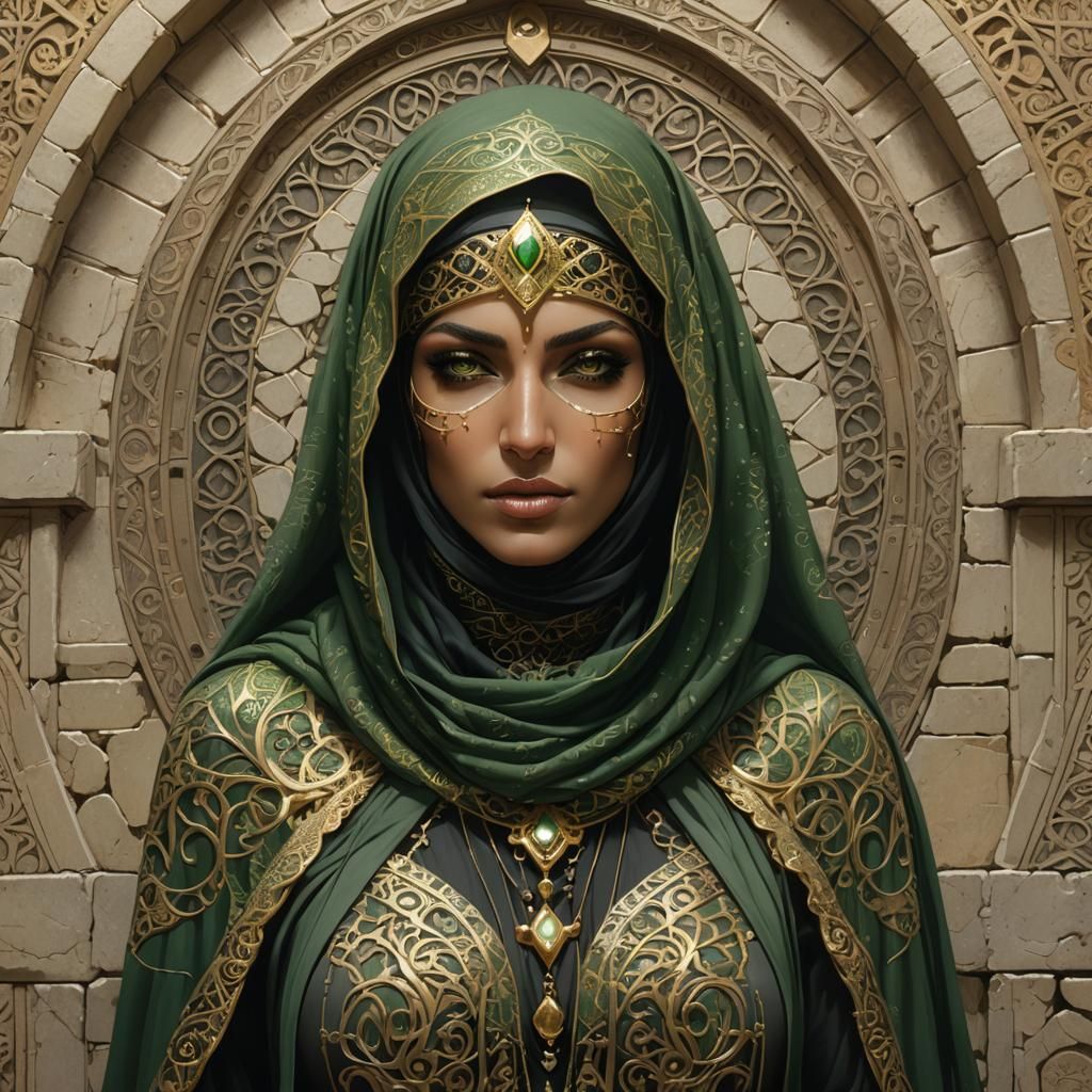 Mysterious Woman in Burka with Gold Accents