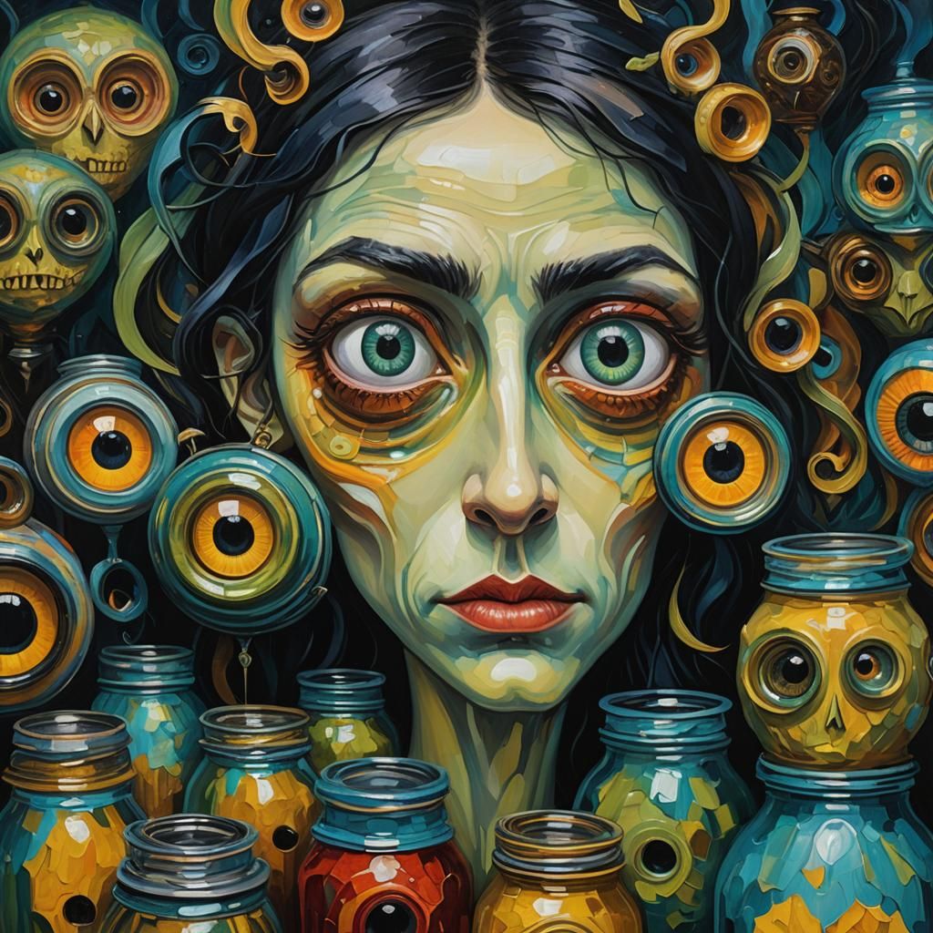 Surreal Gothic Creature with Jars of Eyes as Impasto Paintin...