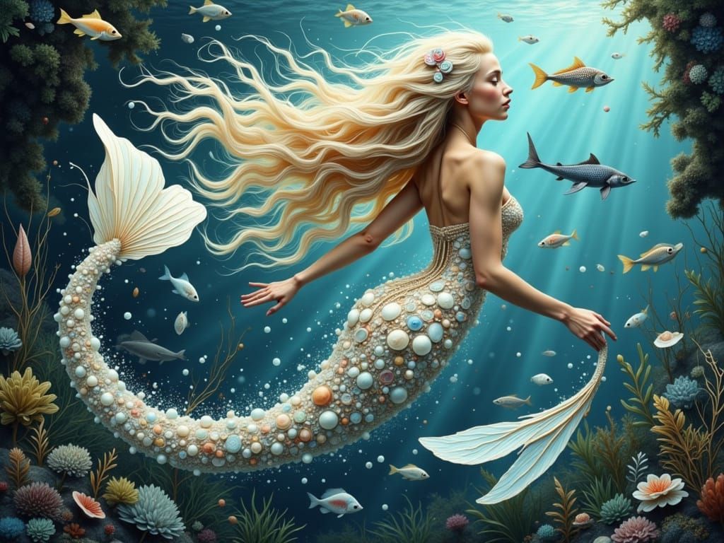Ethereal Mermaid in Whimsical Water Scene