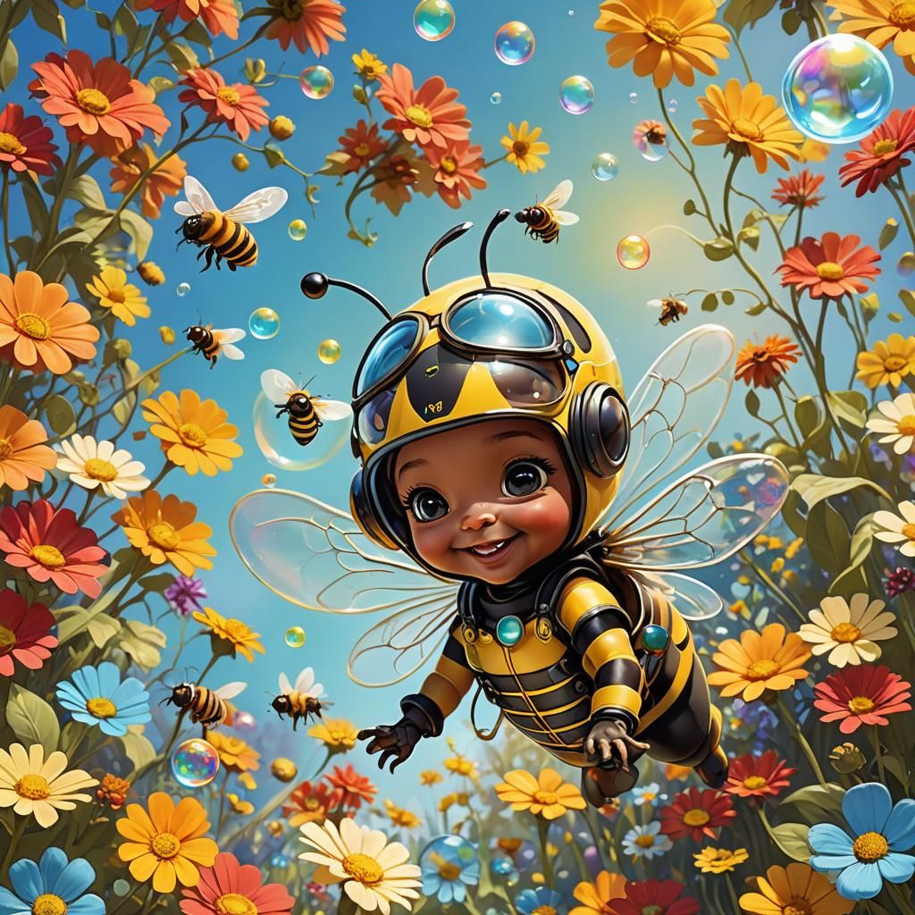 A sweet, small bee baby with a playful smile, wearing small ...