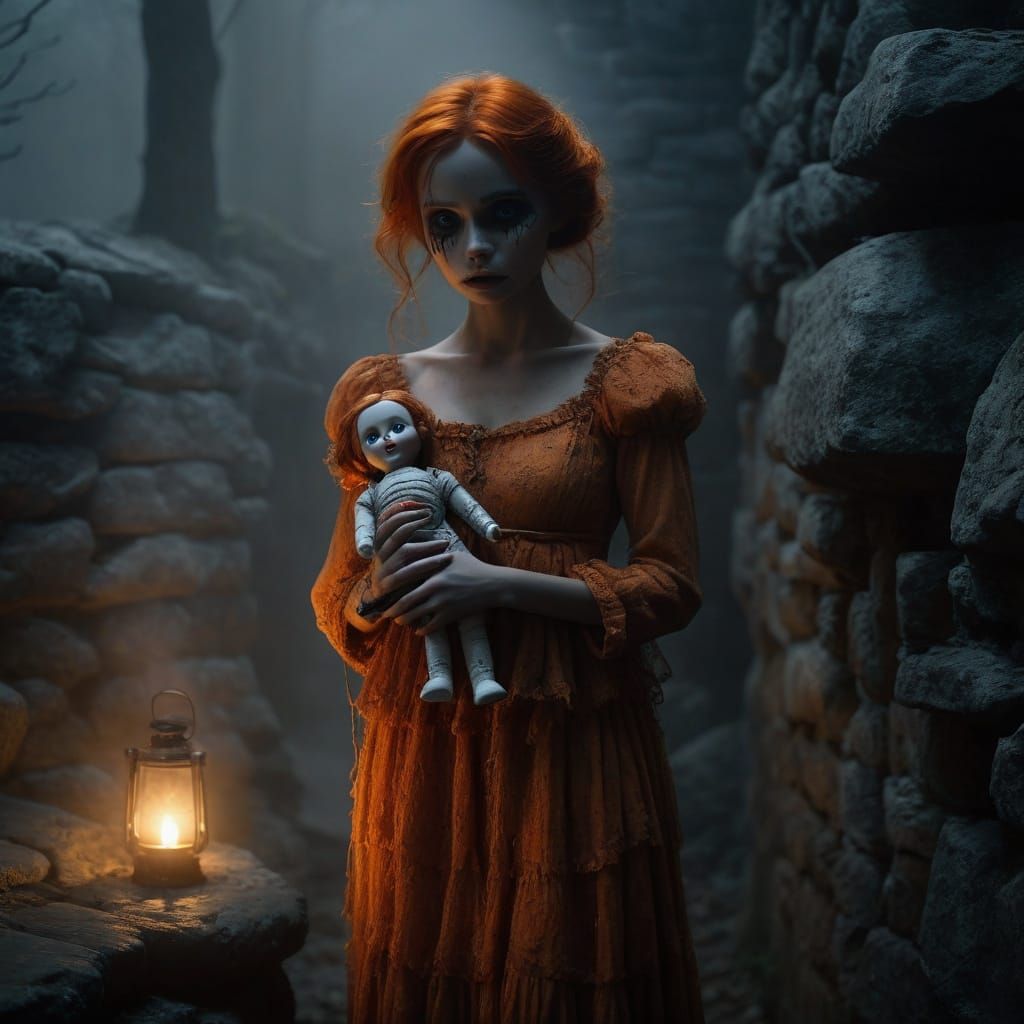Woman in Fog, Holding a Creepy Doll, Cinematic Film Still