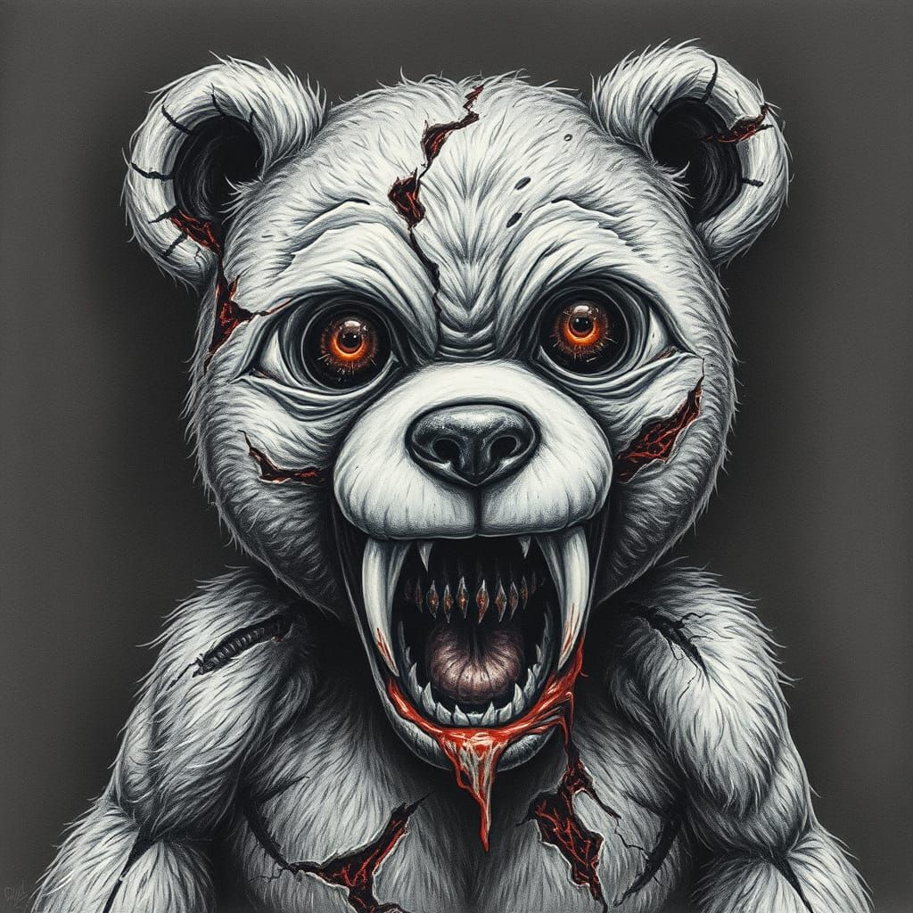 Creepy Possessed Teddy Bear in Detailed Charcoal Style