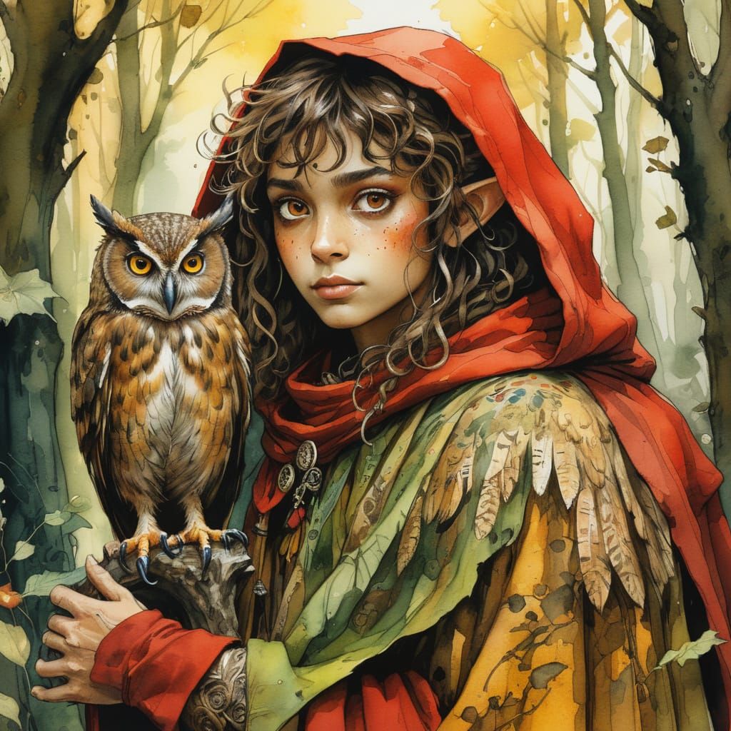 Elf Ranger in Shady Forest Glen as Watercolor