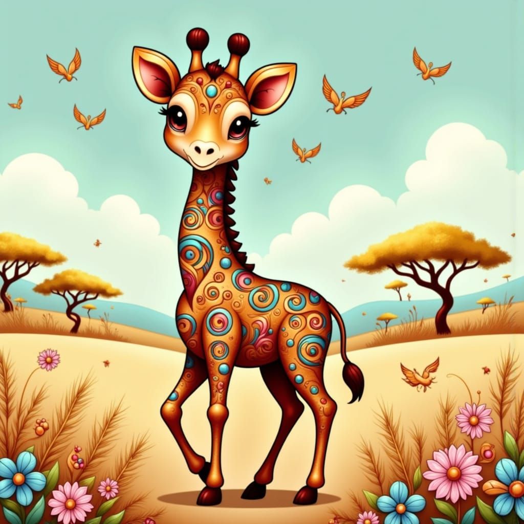 Cute Giraffe Calf in Savanna Digital Illustration