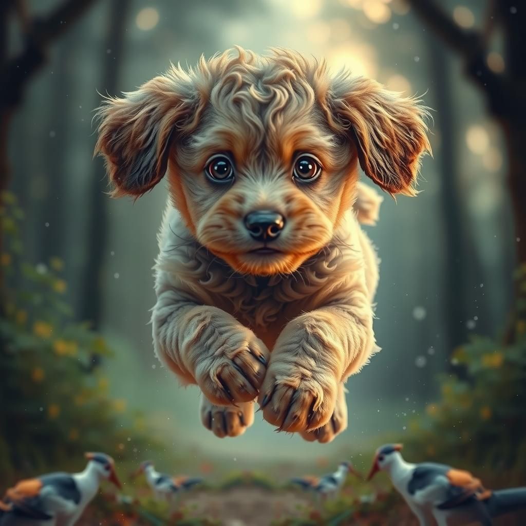 Adorable Bloodhound Puppy Leaping in Magical Forest