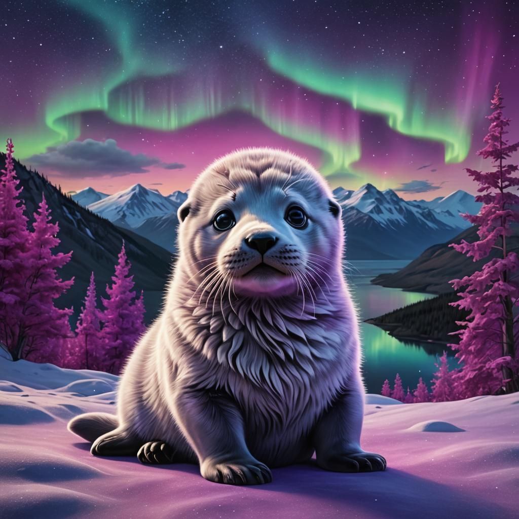 Baby Seal Gazes at Northern Lights: Photorealistic 8k