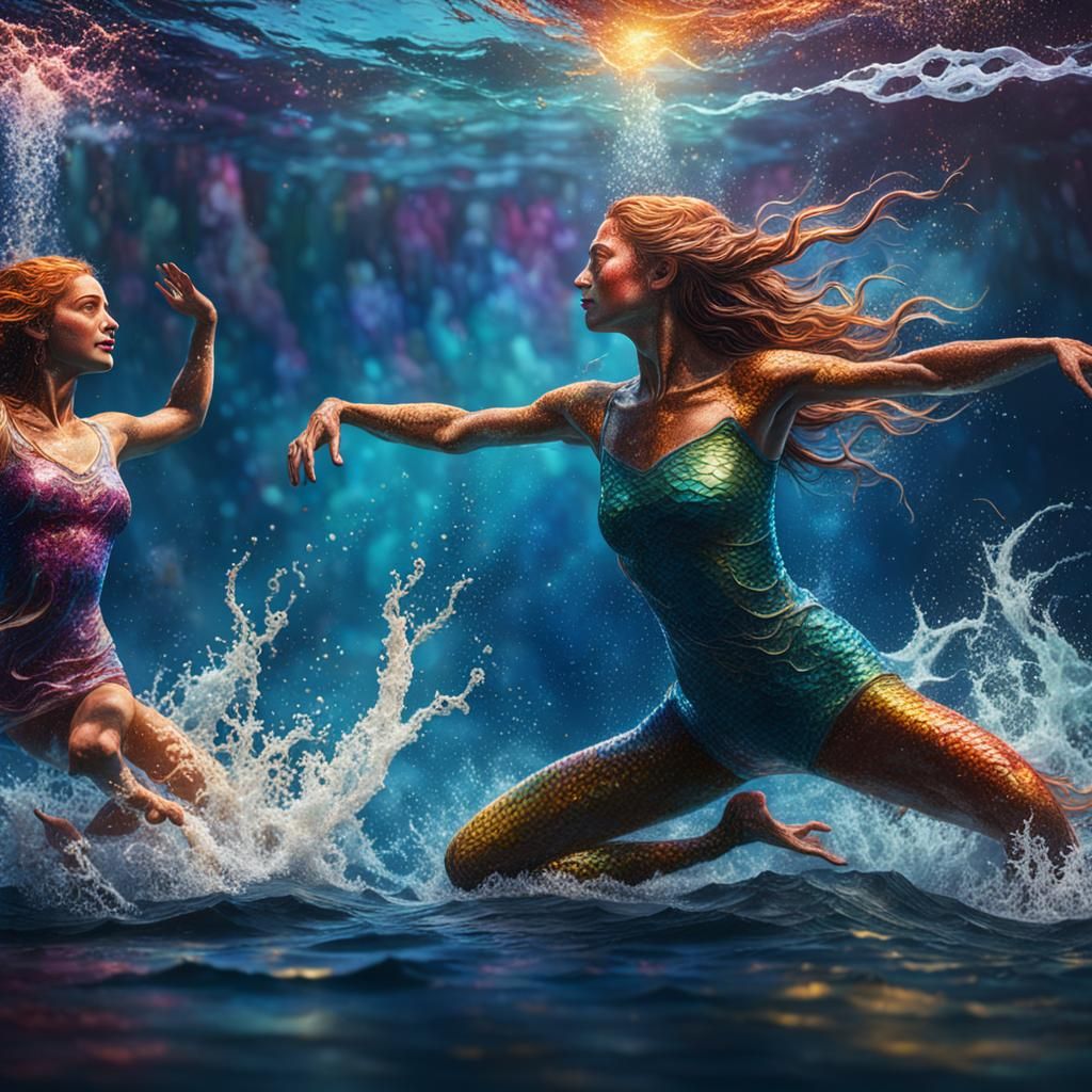 Mermaids Dancing: Hyperrealistic Splash Art in Ocean