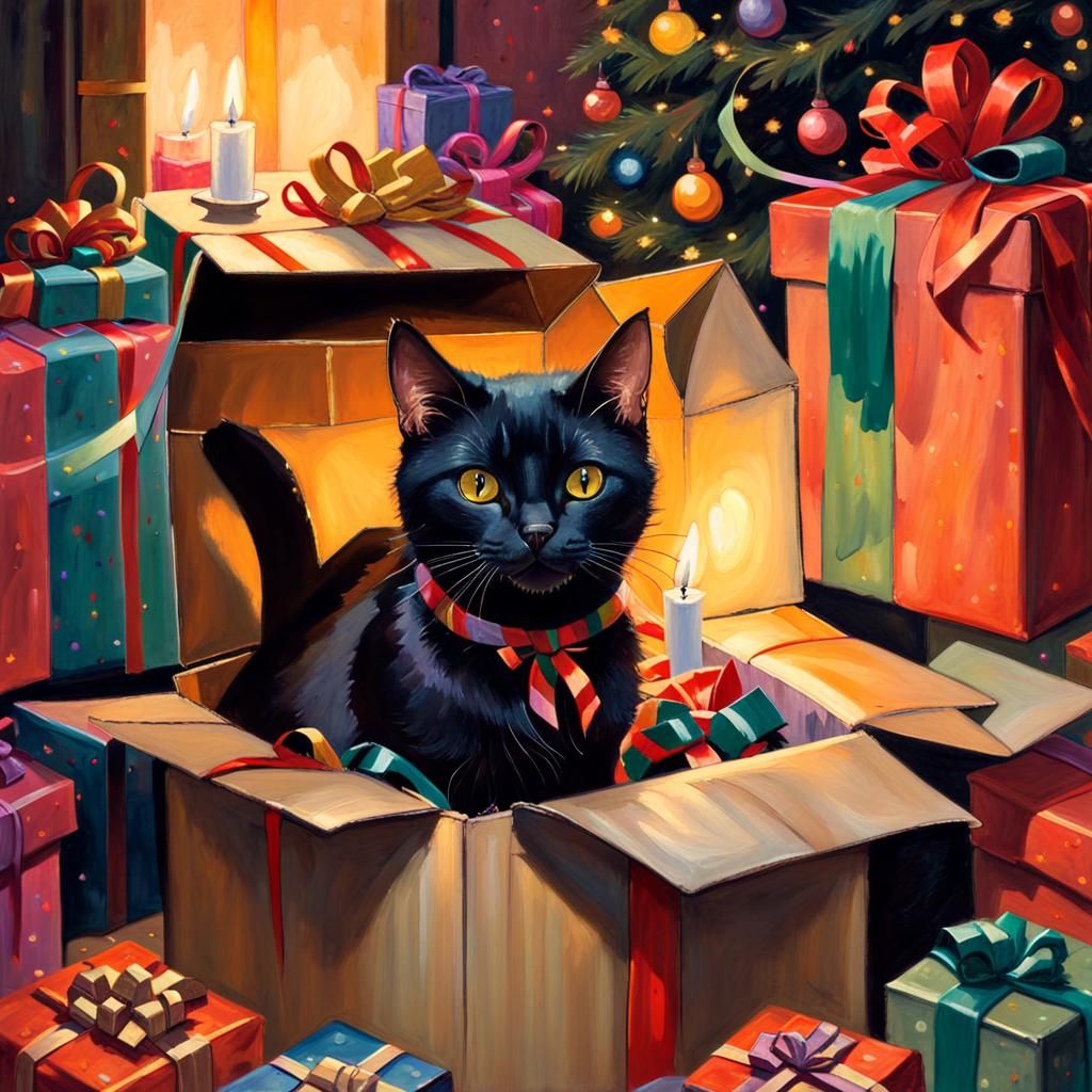 Whimsical Christmas Cat in Oil Painting