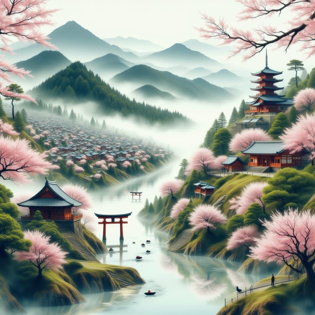 Dreamy Japanese Village Scene in Ethereal Style