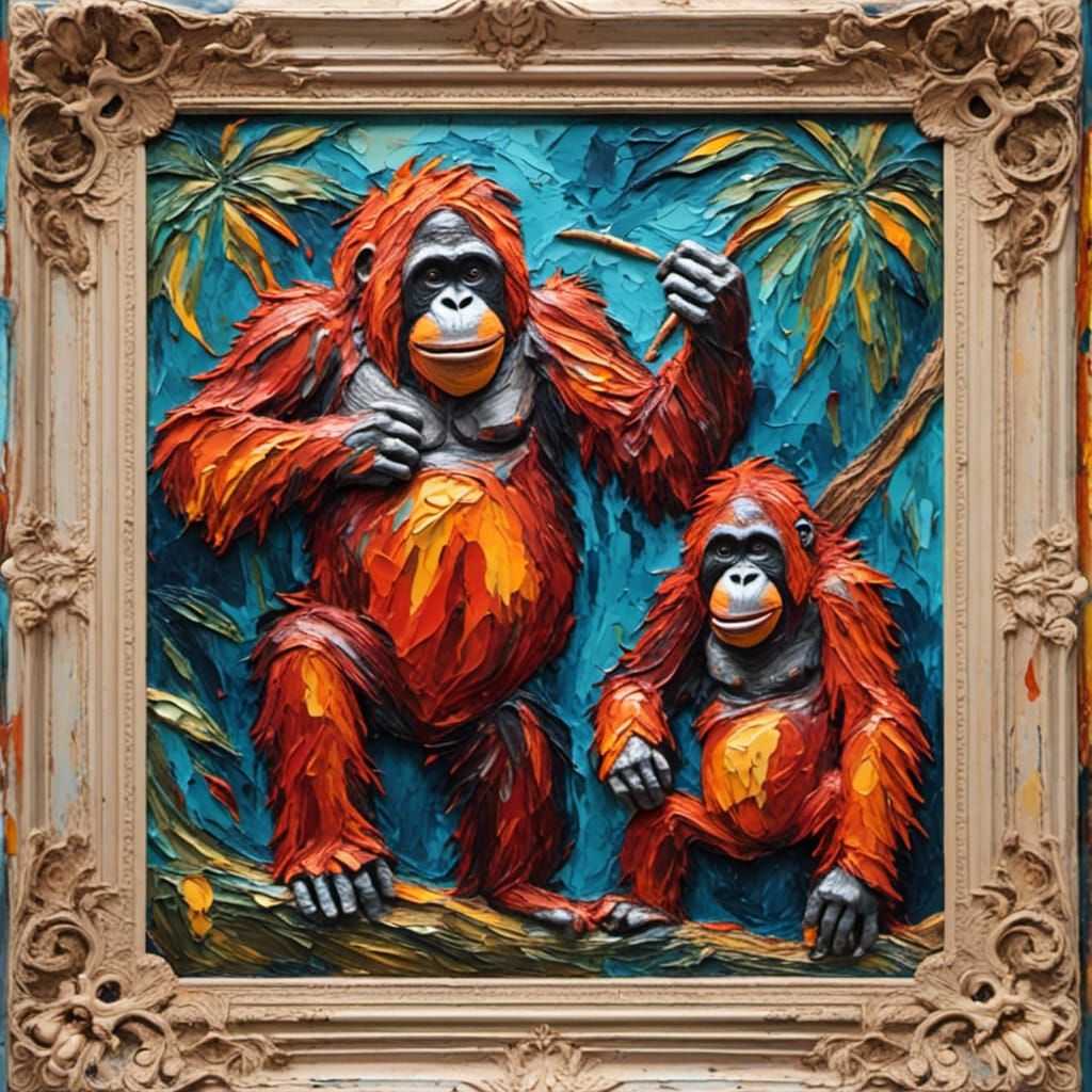 Beautiful happy orangutans, impasto textures, 3D effect, pal...