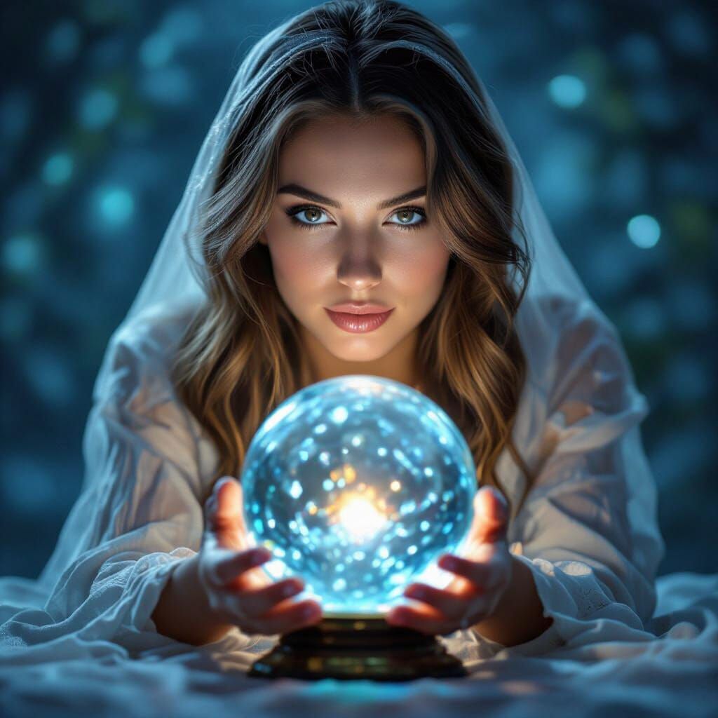 Ethereal Woman Gazing into Crystal Ball