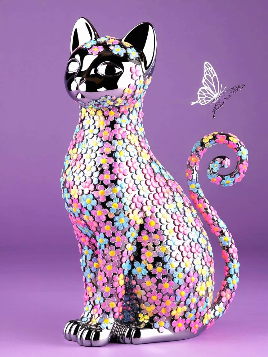 Luxurious Chrome Cat Figurine with Pastel Flowers