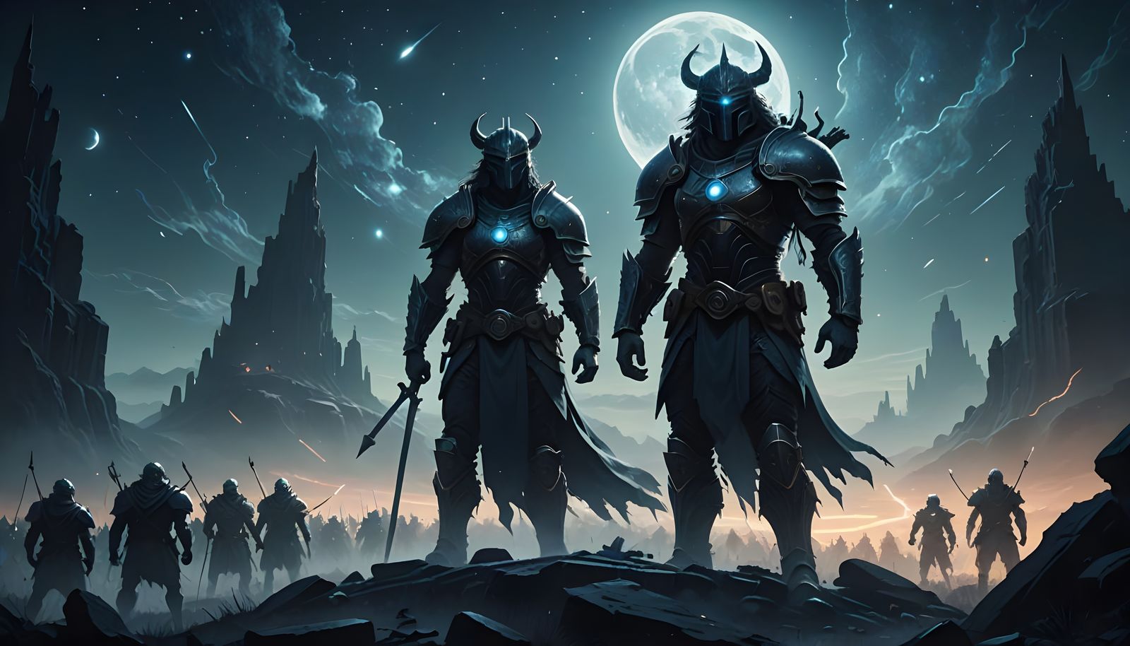 Dark Warrior Surrounded by Ethereal Light on Desolate Battle...