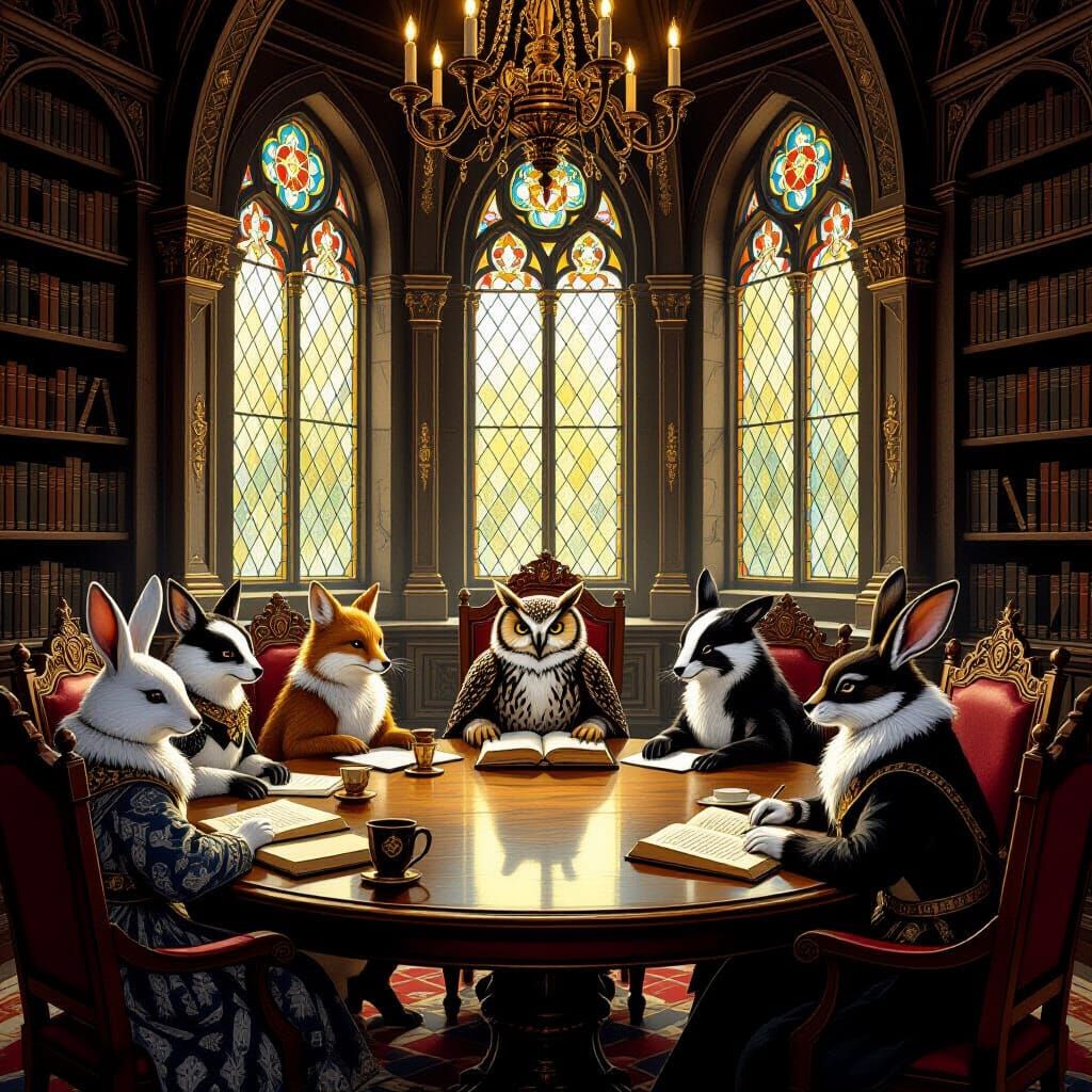 Animals in Gothic Library in Painterly Style