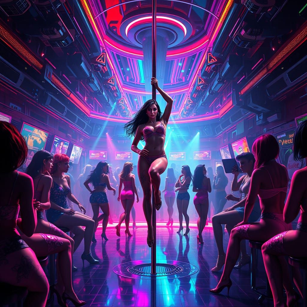 Futuristic Pole Dance in Vibrant Neon Club