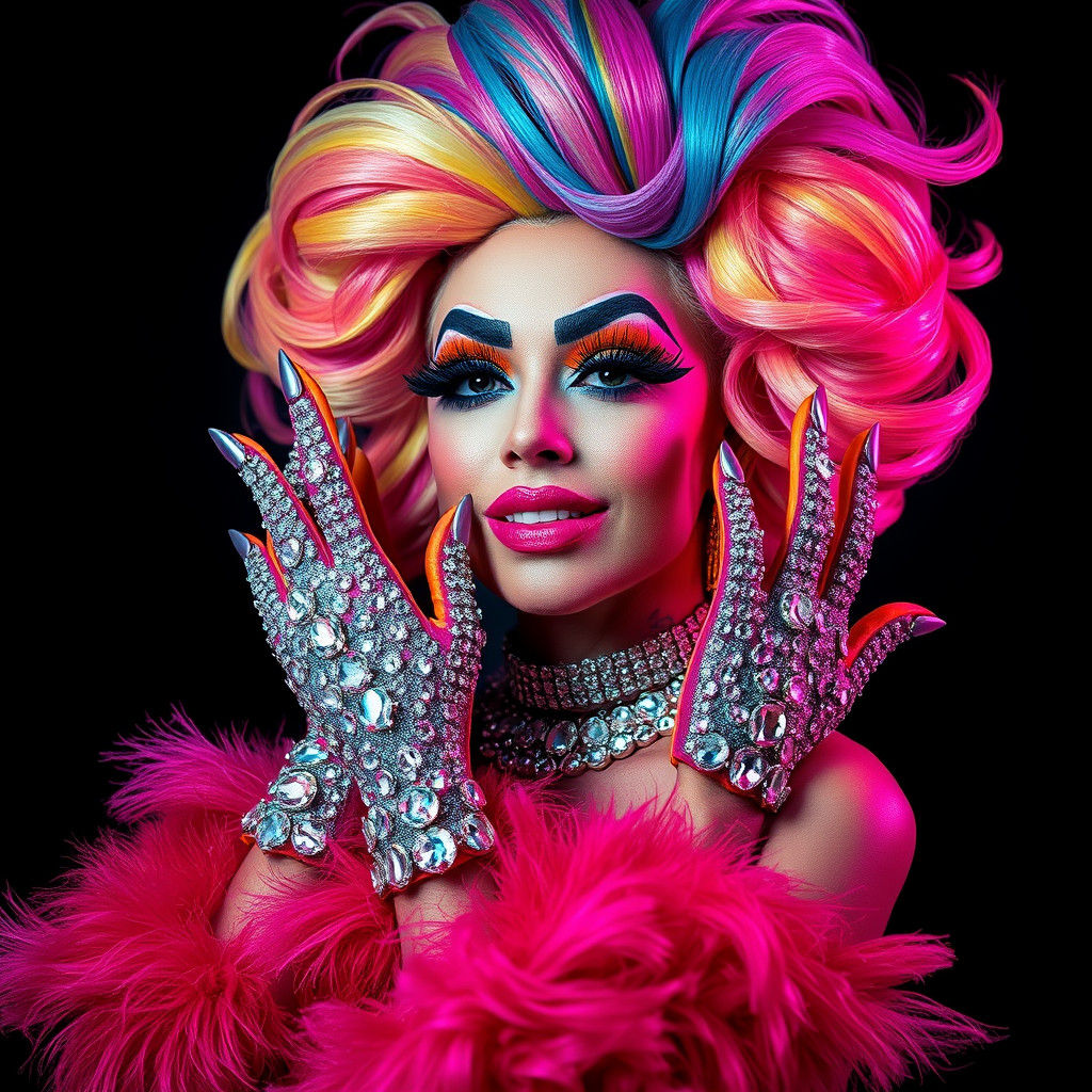 Rainbow Drag Queen with Crystal Gloves, Hyperrealistic Style