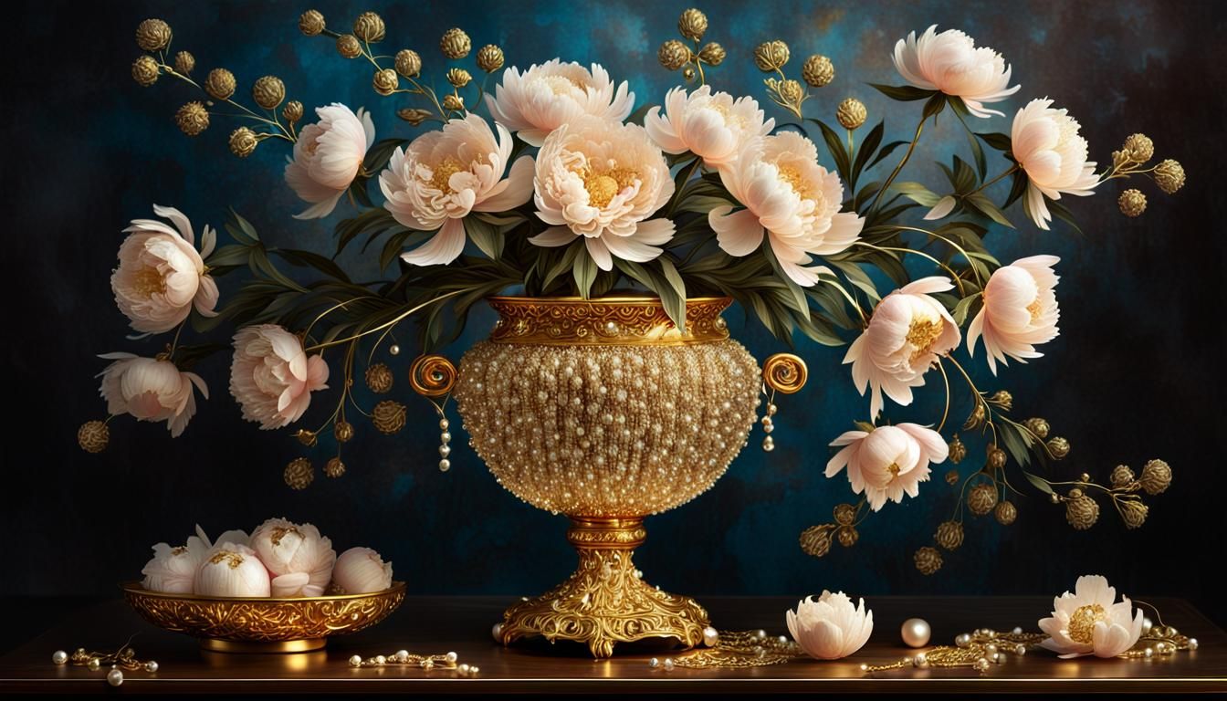 Baroque Still Life with Peonies and Golden Accents