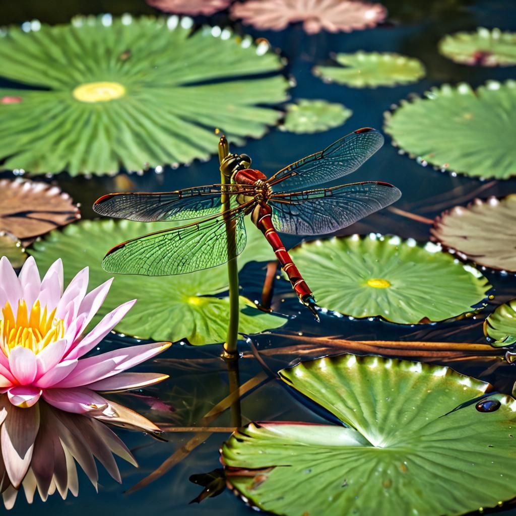 Dragonfly on Lily Pad: Oil Painting in 8K