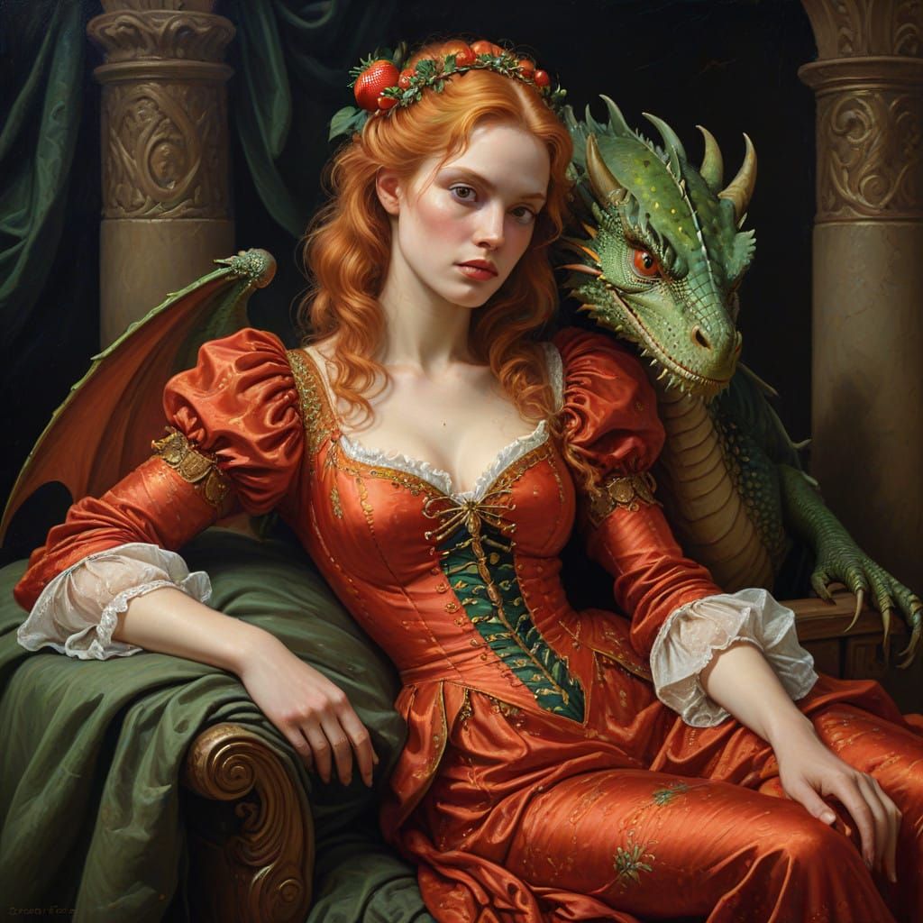 Elegant Lady with Dragon in Oil Painting Style