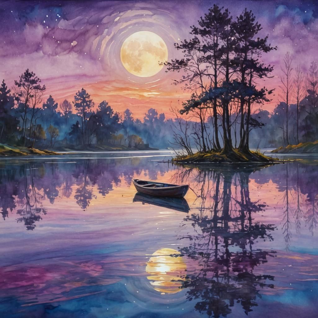 Boat on Moonlit Lake in Impressionist Style