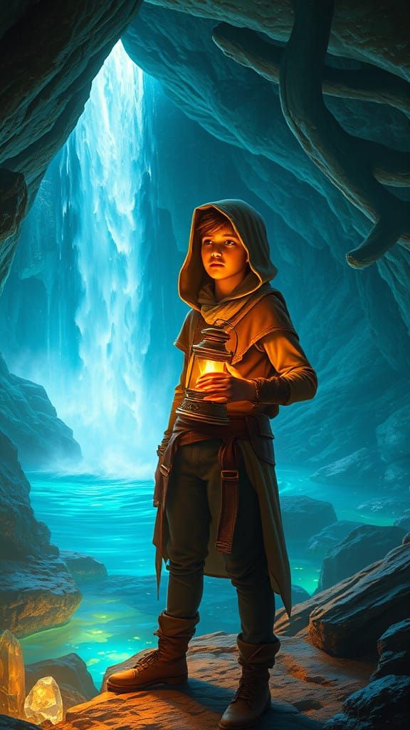 Mystical Crystal Cave, Young Adventurer in Awe, Fantastical...