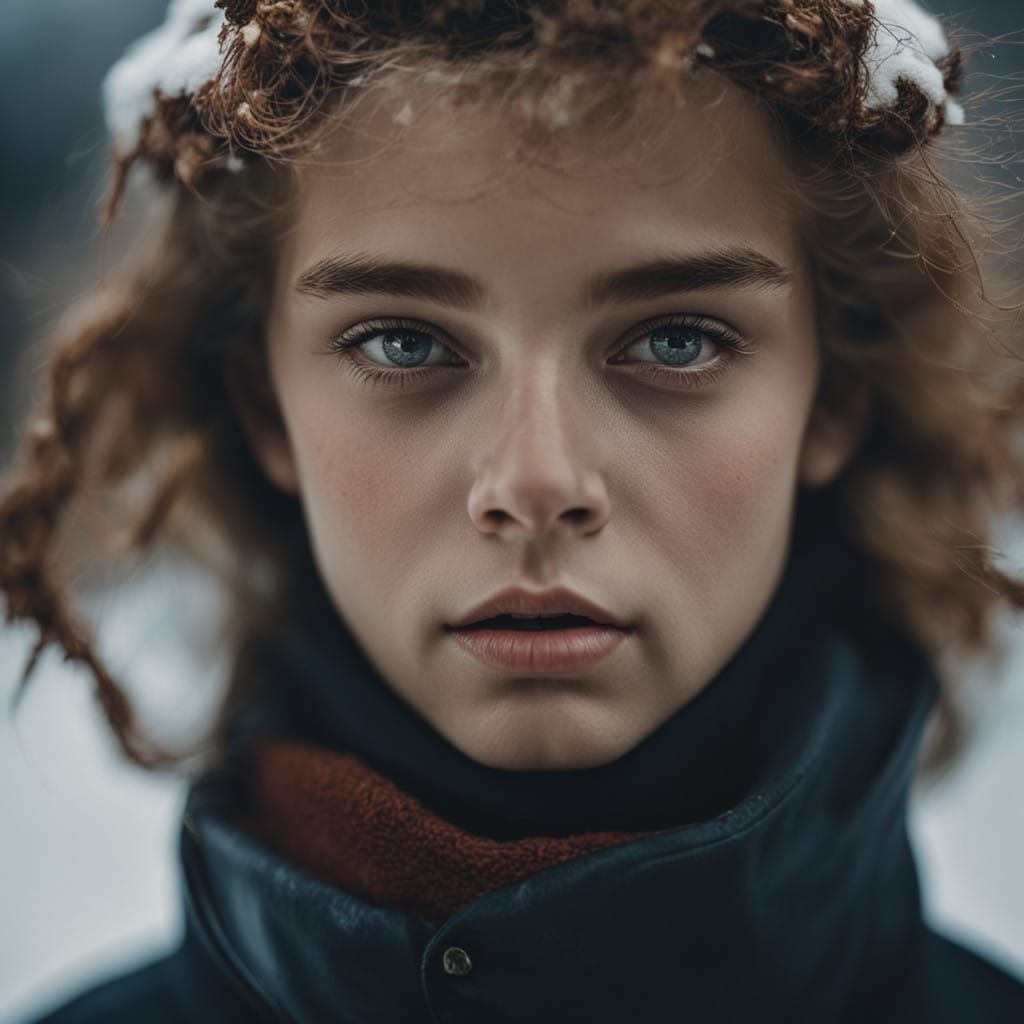 Noblewoman Portrait with Beautiful Eyes in Light Snow