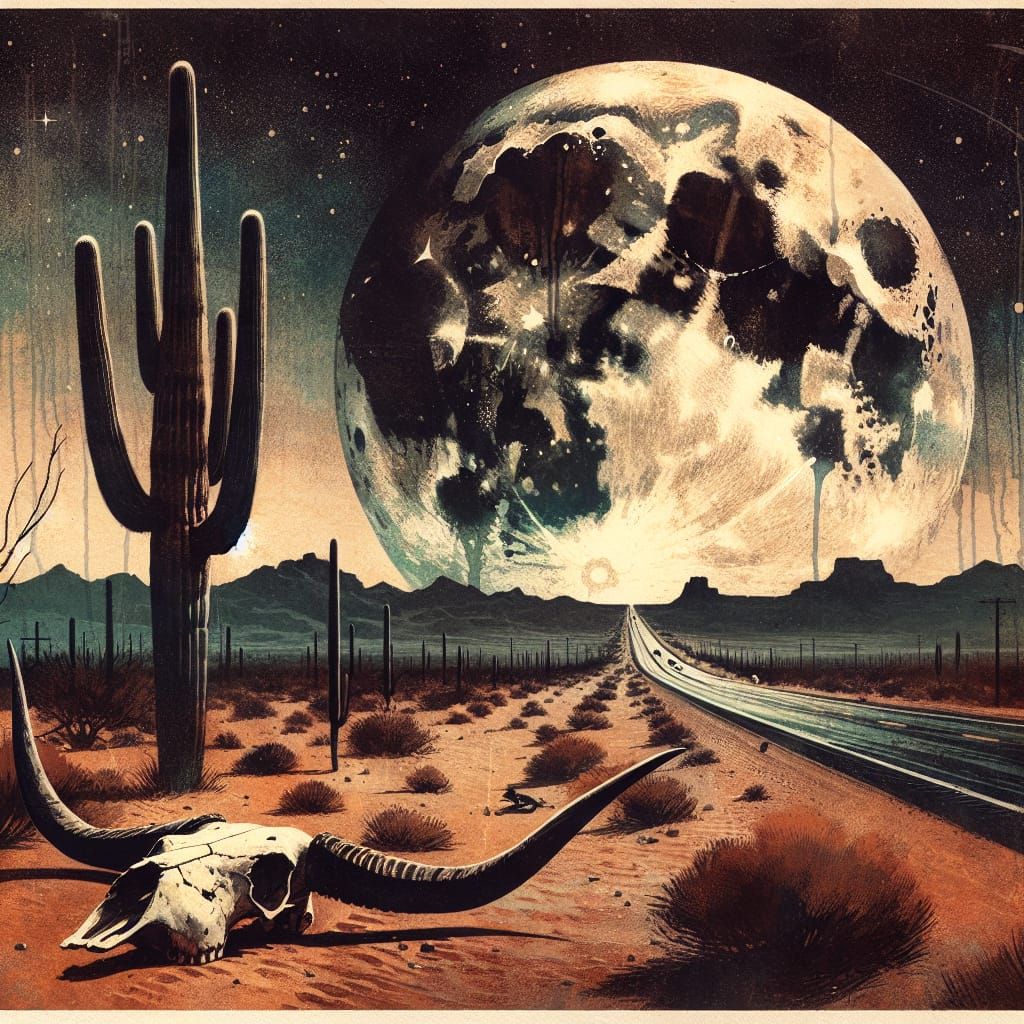 Desert Moonrise: Arizona Highway in Mixed Media Style