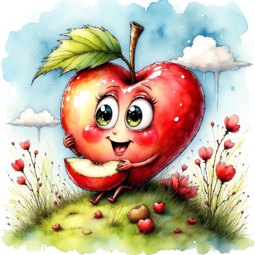 Cartoon Heart Character's Apple Snack, Whimsical Art