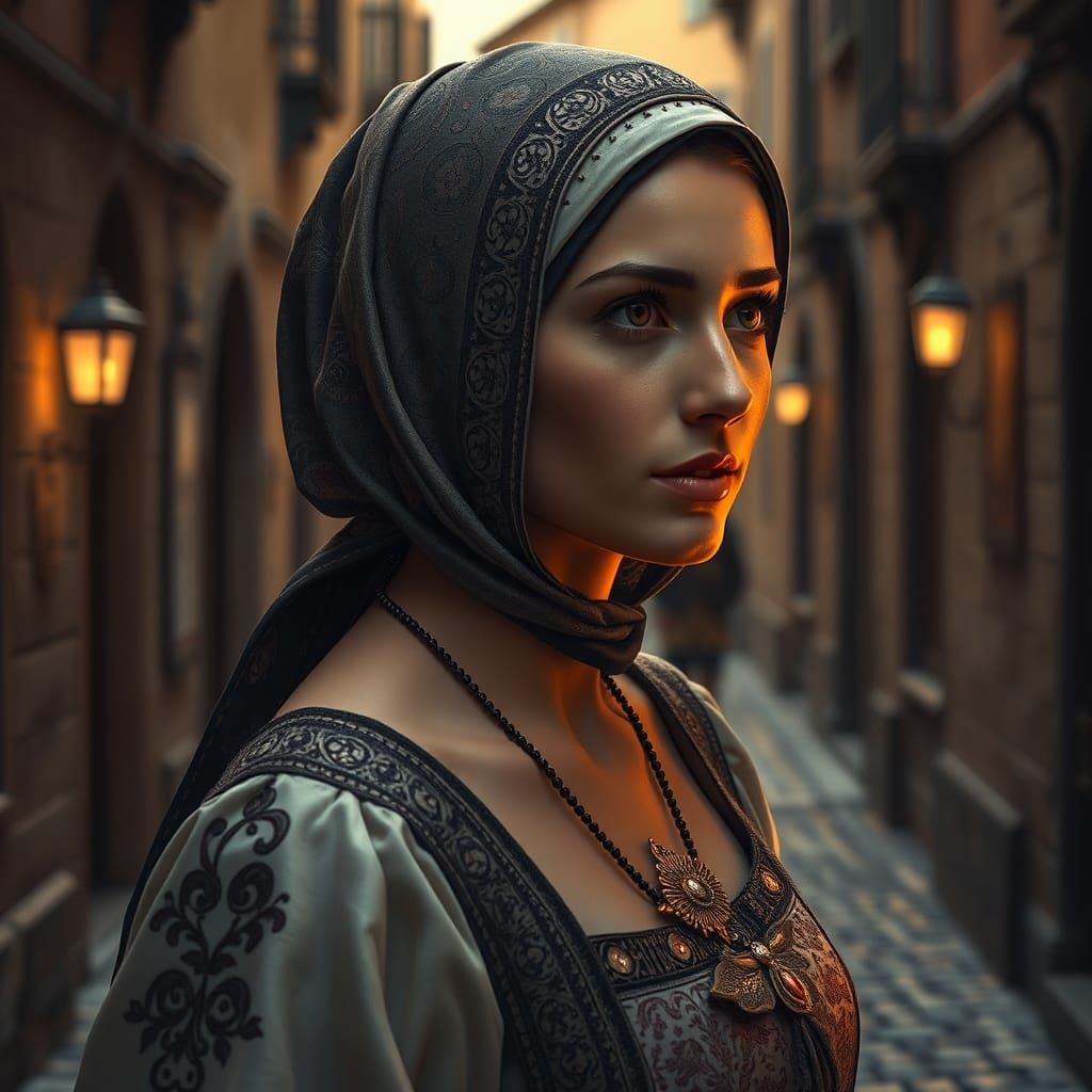 French Jewish Woman in Medieval Town, Art Nouveau Portrait