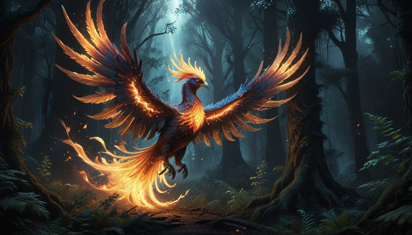 Glowing Phoenix Soaring Through Dark Forest