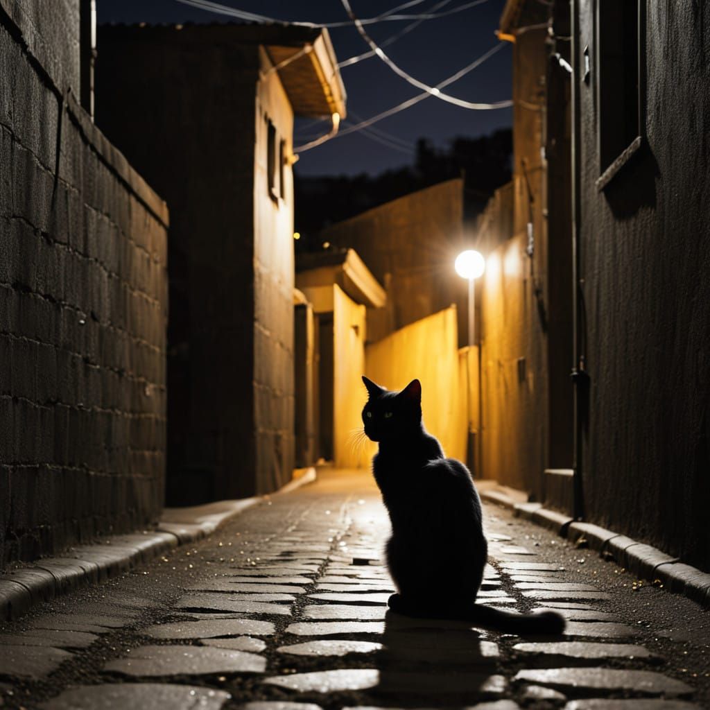 Dark Alley Cat Silhouette at Night