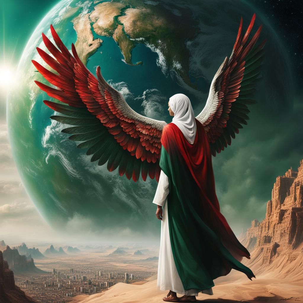 Palestine Man with Archangel Wings Over Earth