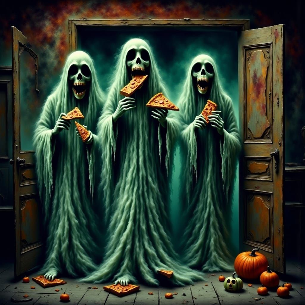Ethereal Ghosts Devouring Pizza in Abandoned Pizzeria