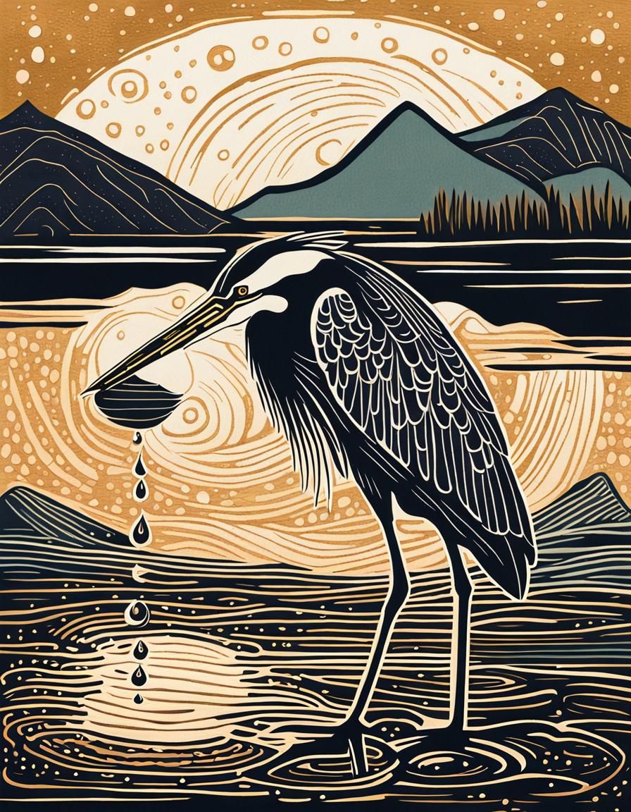 Heron Catching Fish in Linocut Style