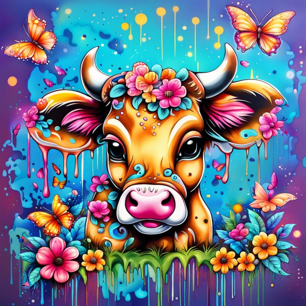 Chibi Cow Calf in Enchanted Floral Graffiti Art