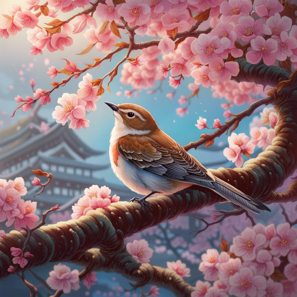 Nightingale Sings in Cherry Blossoms: Digital Art
