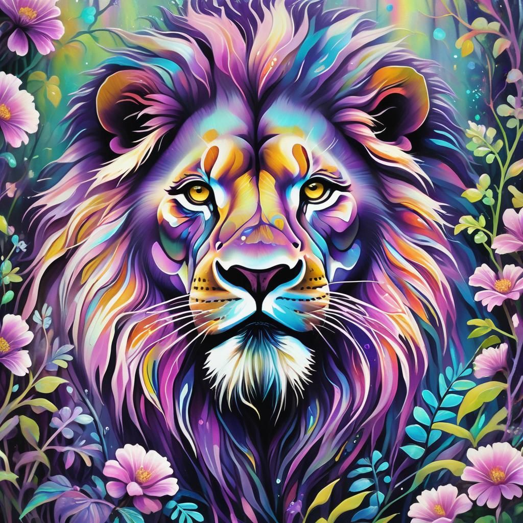 Iridescent Lion Graffiti Art in Mystical Forest