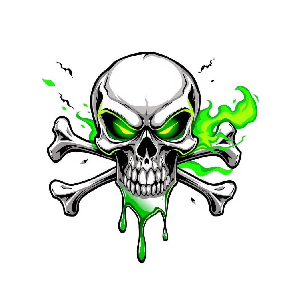 Explosive Cartoon Skull in Neon Green