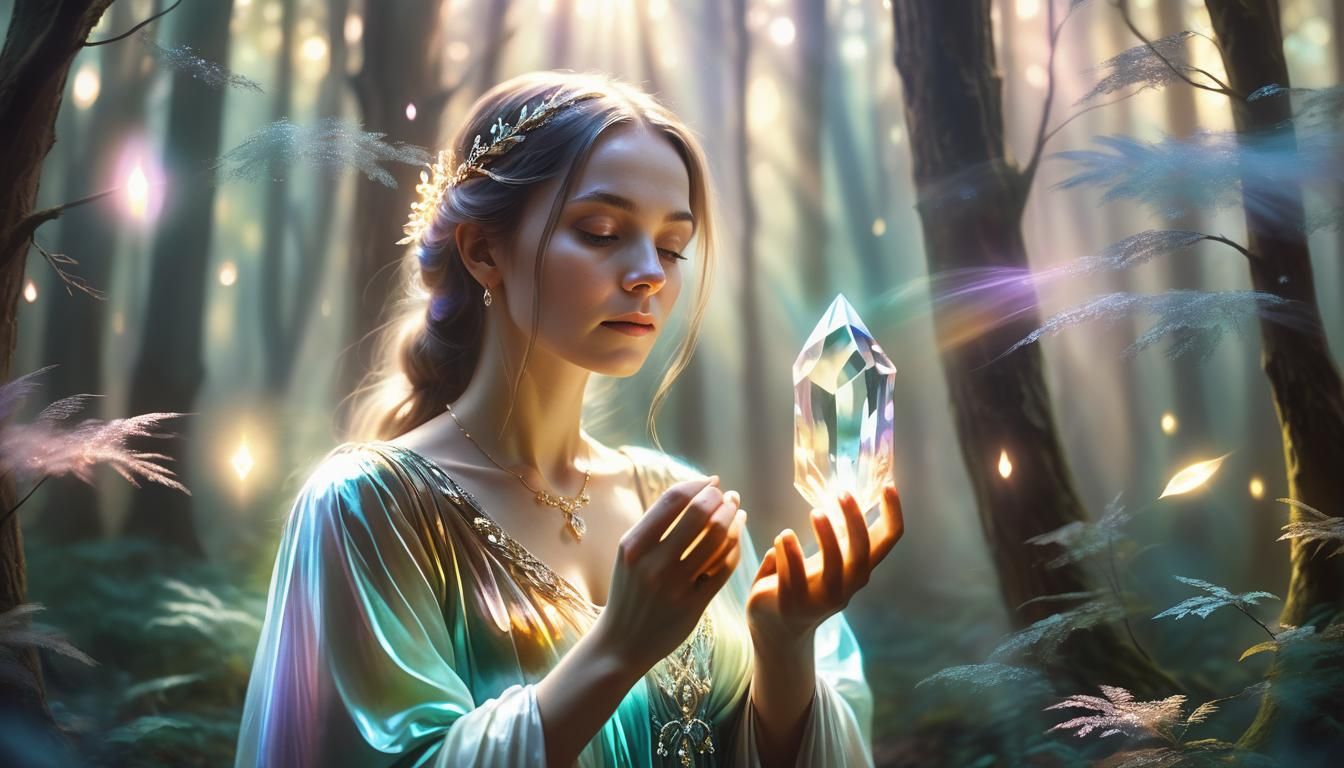 Woman with Glowing Crystal in Mystical Forest