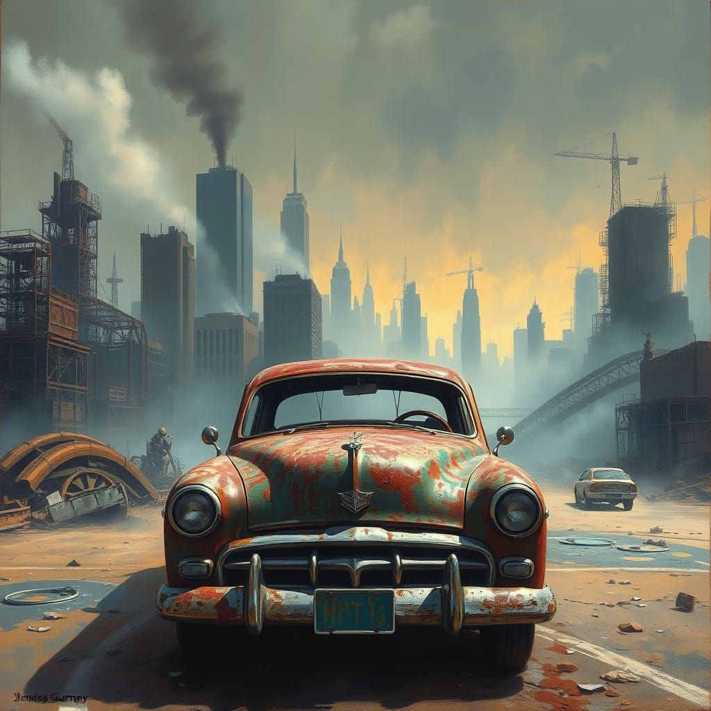 Dystopian Cityscape with Abandoned Car, in a Post-Apocalypti...