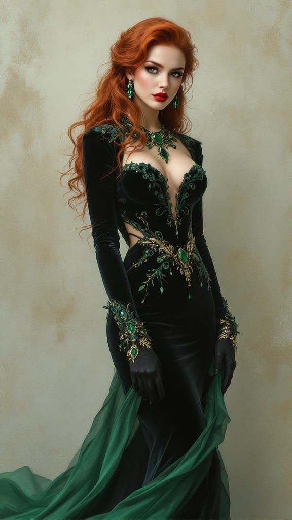 Elegant Redhead in Velvet Gown: Digital Art
