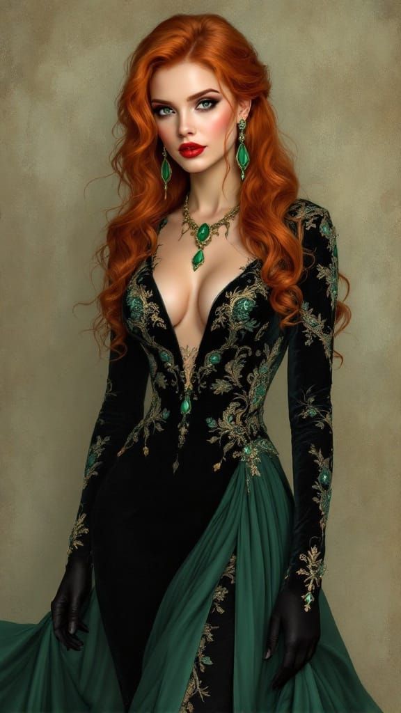 Ethereal Woman in Velvet Gown: Digital Art