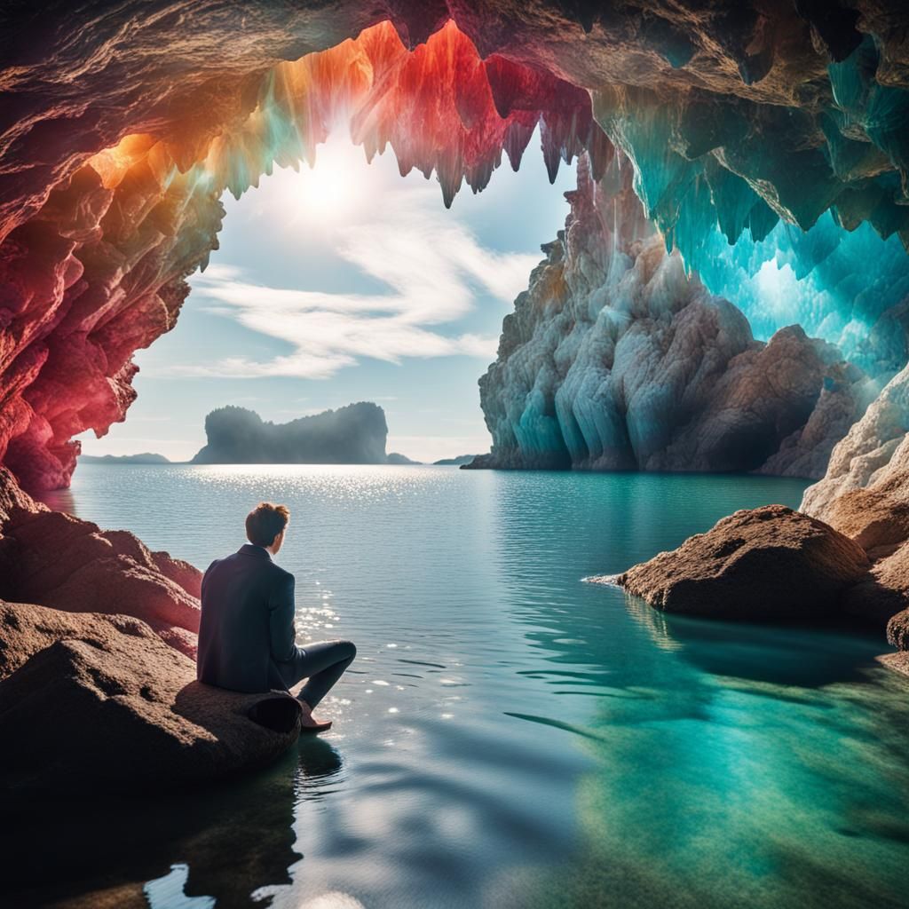 Colorful Crystal Cave with Giant Crystals and Bay View
