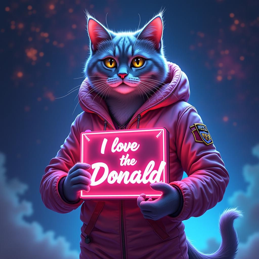 Regal Space Cat with Neon Sign in Digital Art