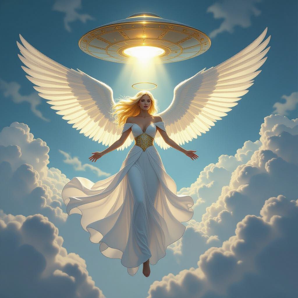 Angel Battles UFO in Dark Fantasy Style