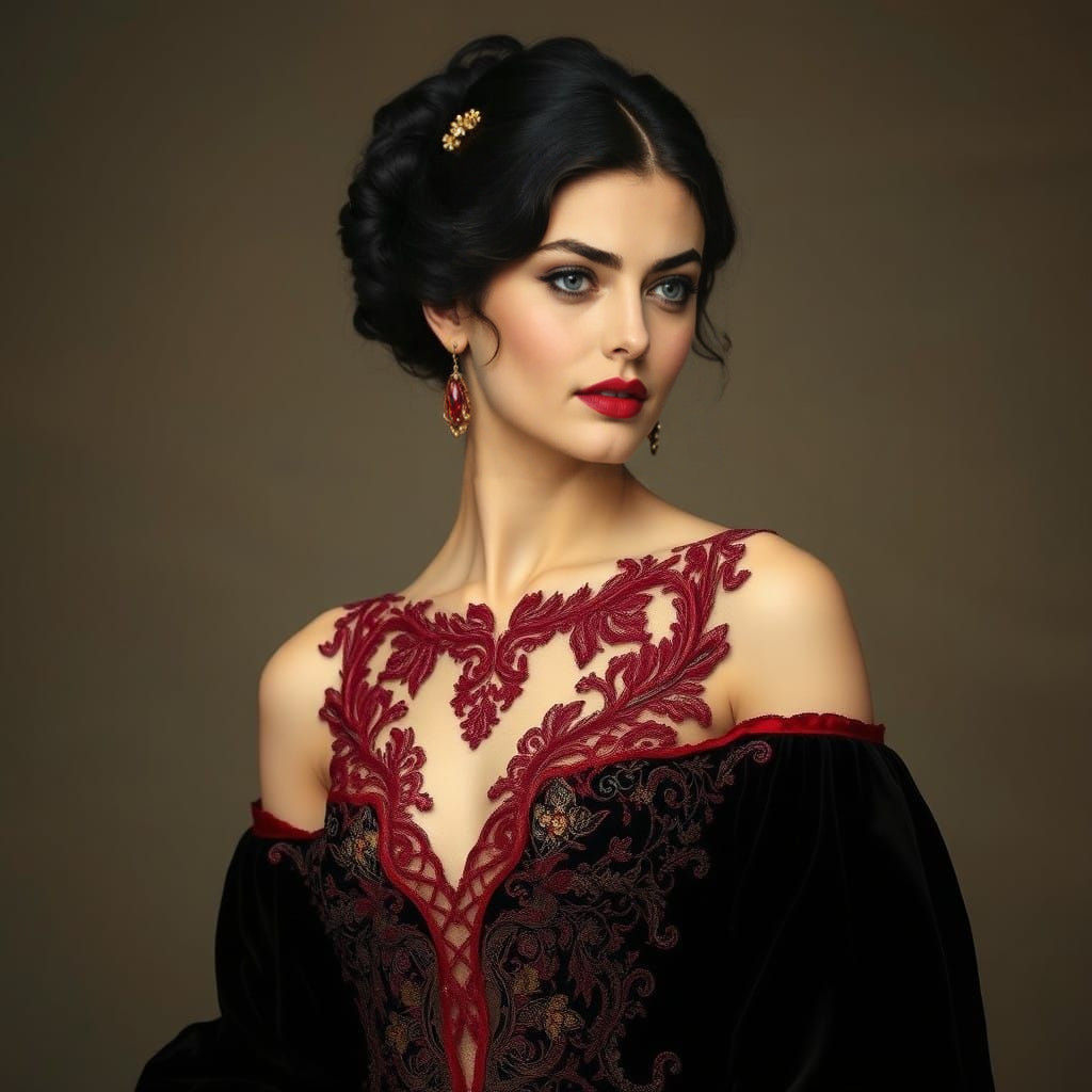 A tall, slender woman in a Belle Époque gown of deep black velvet and dark red silk, flowing gracefully with intricate l...