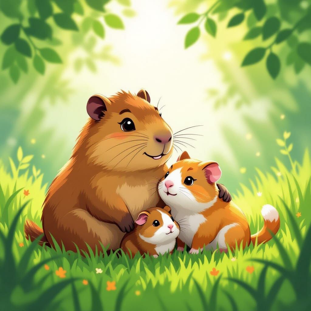 Capybara, Cat, and Guinea Pig in Lush Grass